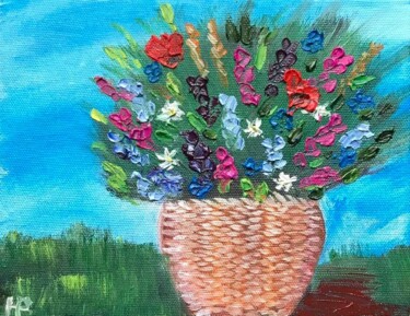Painting titled "flowers in basket" by Helen Phagava, Original Artwork, Oil