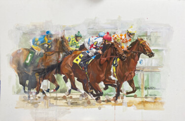 「The Horse Race No. 6」というタイトルの絵画 Helen Sinfieldによって, オリジナルのアートワーク, グワッシュ水彩画 その他の剛性パネルにマウント