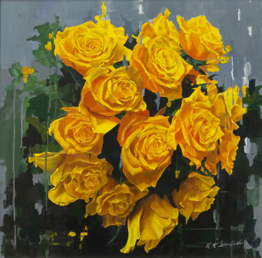 Painting titled "Roses from G" by Helen Sinfield, Original Artwork, Acrylic Mounted on Other rigid panel
