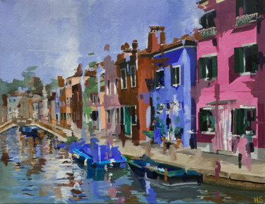 Painting titled "Venetian Canal Refl…" by Helen Sinfield, Original Artwork, Acrylic Mounted on Wood Stretcher frame