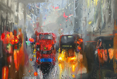Painting titled "London Rain" by Helen Sinfield, Original Artwork, Acrylic Mounted on Cardboard