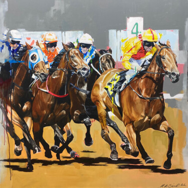 Картина под названием "Horse Racing 4th Fu…" - Helen Sinfield, Подлинное произведение искусства, Акрил Установлен на Деревян…