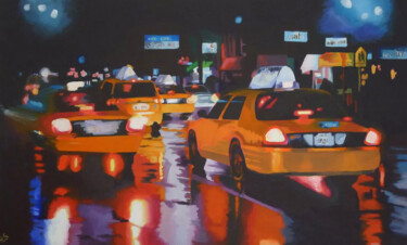 Schilderij getiteld "New York Taxi Cabs…" door Helen Sinfield, Origineel Kunstwerk, Acryl Gemonteerd op Frame voor houten br…