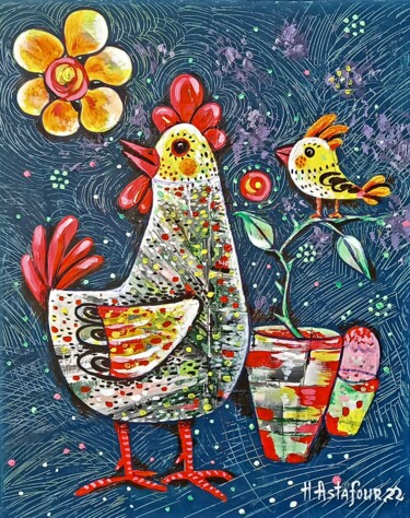 Картина под названием "Coq" - Helena Astafourova, Подлинное произведение искусства, Акрил Установлен на Деревянная рама для…