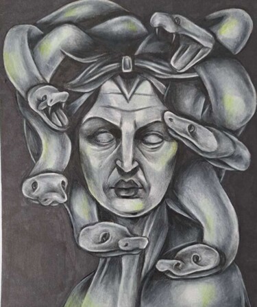 Painting titled "Medusas Erwachen" by Helena-Joline Sailer, Original Artwork, Conté