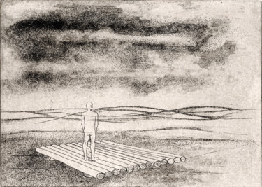 Gravures & estampes intitulée "A man on the raft" par Helena Kalná, Œuvre d'art originale, Eau-forte