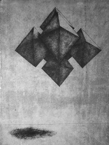 Druckgrafik mit dem Titel "Flying octahedrons" von Helena Kalná, Original-Kunstwerk, Gravur