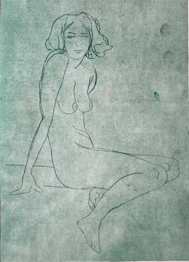 Gravures & estampes intitulée "Girl taking a bath" par Helena Kalná, Œuvre d'art originale, Linogravures