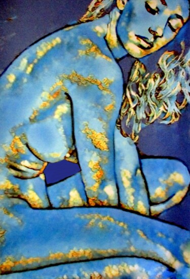 Pittura intitolato ""Lady Blue And Gold"" da Helena Wierzbicki, Opera d'arte originale, Acrilico