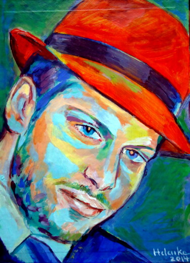 Malerei mit dem Titel ""Red Hat"" von Helena Wierzbicki, Original-Kunstwerk, Acryl