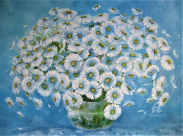 Painting titled "White camomiles." by Helena Lose, Original Artwork, Oil Mounted on Wood Stretcher frame