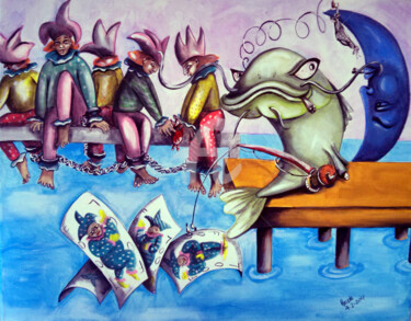 Painting titled "While The Fisherman…" by Helene, Original Artwork, Acrylic