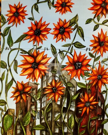 Painting titled "Urban sunflowers" by Helene, Original Artwork, Acrylic