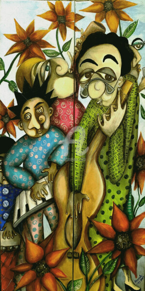 Pintura titulada "Musicians and Sunfl…" por Helene, Obra de arte original, Acrílico