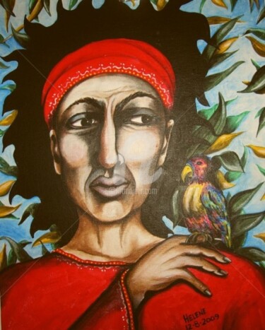 Painting titled "lady and bird" by Helene, Original Artwork, Oil