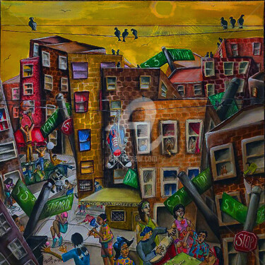 Painting titled "an urban playground" by Helene, Original Artwork, Acrylic Mounted on Wood Stretcher frame