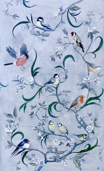 Malerei mit dem Titel "Les oiseaux du jard…" von Hélène Avot, Original-Kunstwerk, Öl