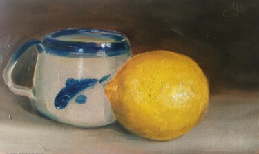 Painting titled "Citron et faïence d…" by Hélène Avot, Original Artwork, Oil