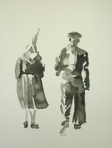 Peinture intitulée "Couple de Bretons" par Hélène Avot, Œuvre d'art originale, Encre