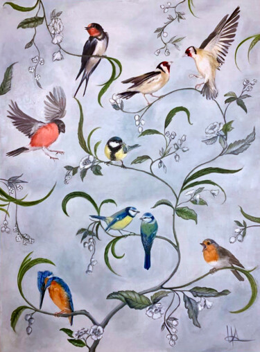 Malerei mit dem Titel "Les oiseaux du jard…" von Hélène Avot, Original-Kunstwerk, Öl Auf Keilrahmen aus Holz montiert