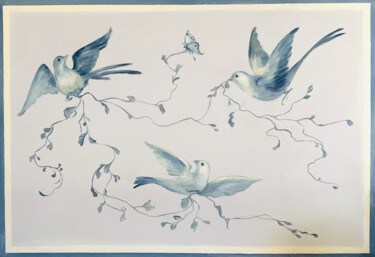 Pintura intitulada "Oiseaux "à la Marie…" por Hélène Avot, Obras de arte originais, Óleo