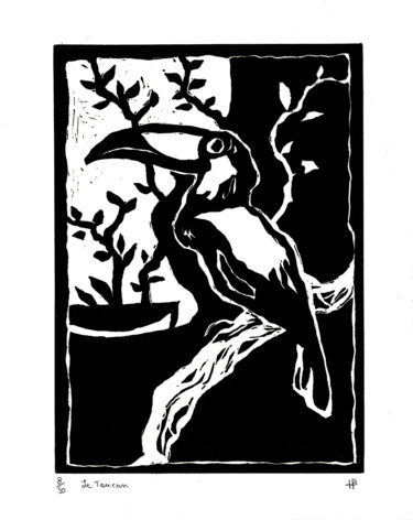 Gravures & estampes intitulée "Le Toucan" par Hélène Bénistant, Œuvre d'art originale, Linogravures