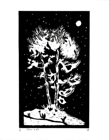 Gravures & estampes intitulée "L'Arbre de Nuit" par Hélène Bénistant, Œuvre d'art originale, Linogravures