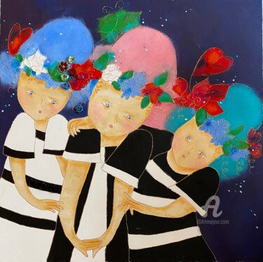 Картина под названием "Nos roses pensées" - Hélène Bouhier, Подлинное произведение искусства, Акрил Установлен на Деревянная…