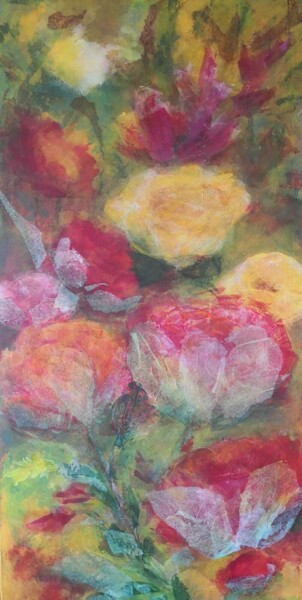 Painting titled "Roses et pivoines" by Hélène Carmona, Original Artwork, Acrylic Mounted on Wood Stretcher frame