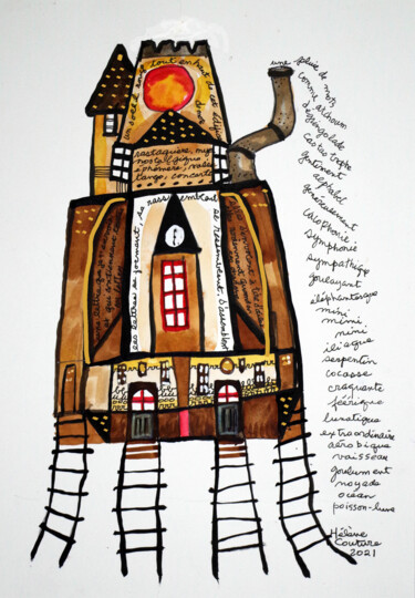 Dibujo titulada "La maison qui voyage" por Hélène Couture, Obra de arte original, Tinta