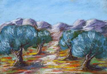 Dessin intitulée "Les oliviers en Pro…" par Hélène Gastin-Mozol, Œuvre d'art originale, Pastel