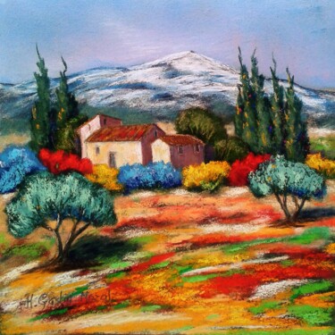 Peinture intitulée "Les cyprès du Mont…" par Hélène Gastin-Mozol, Œuvre d'art originale, Pastel
