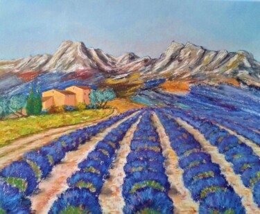 Drawing titled "Les Alpilles en bleu" by Hélène Gastin-Mozol, Original Artwork, Pastel Mounted on Cardboard