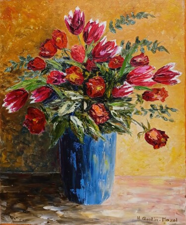 Painting titled "Roses et tulipes ro…" by Hélène Gastin-Mozol, Original Artwork, Oil Mounted on Wood Stretcher frame