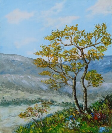 Painting titled "L'arbre dominant la…" by Hélène Gastin-Mozol, Original Artwork, Oil Mounted on Wood Stretcher frame