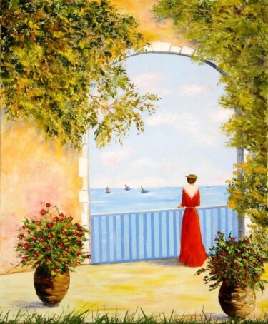 Painting titled "Vue sur la mer" by Hélène Gastin-Mozol, Original Artwork, Oil