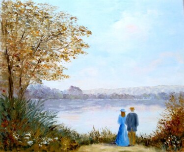 Painting titled "Les amoureux du lac" by Hélène Gastin-Mozol, Original Artwork, Oil Mounted on Wood Stretcher frame