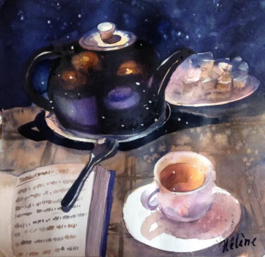 Painting titled "Tea" by Helene Manoli, Original Artwork, Watercolor