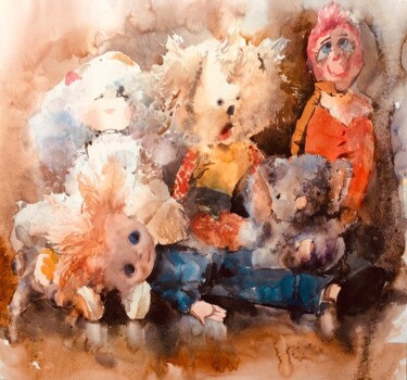 Painting titled "Toys" by Helene Manoli, Original Artwork, Watercolor