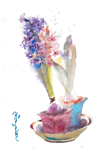 Картина под названием "Hyacinths" - Helene Manoli, Подлинное произведение искусства, Акварель