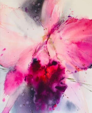 Painting titled "Pink Orchid" by Helene Manoli, Original Artwork, Watercolor