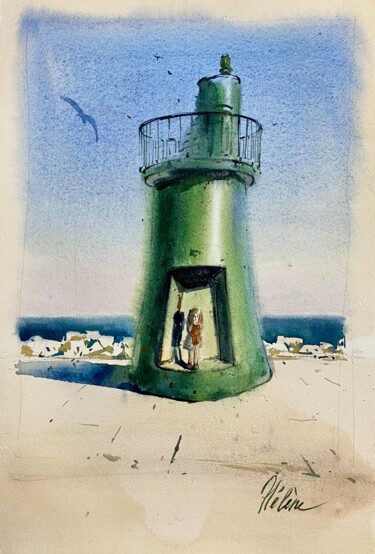 Painting titled "Green Lighthouse" by Helene Manoli, Original Artwork, Watercolor