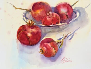 Painting titled "Pomegranates in the…" by Helene Manoli, Original Artwork, Watercolor