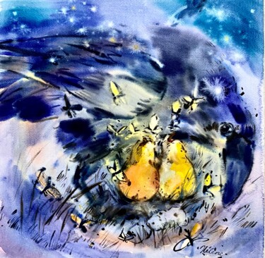 Peinture intitulée "Night Raven" par Helene Manoli, Œuvre d'art originale, Aquarelle