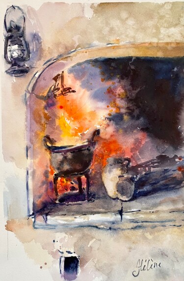 Painting titled "Fireplace" by Helene Manoli, Original Artwork, Watercolor