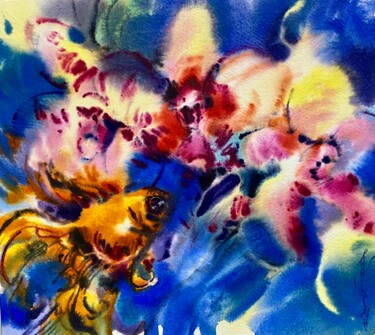 Painting titled "Orchid and gold fish" by Helene Manoli, Original Artwork, Watercolor