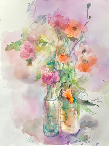 Painting titled "Poppies and roses" by Helene Manoli, Original Artwork, Watercolor