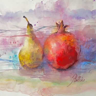 Malerei mit dem Titel "Pear and pomegranate" von Helene Manoli, Original-Kunstwerk, Aquarell