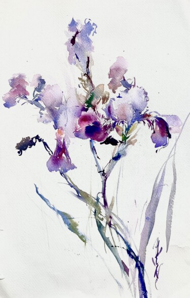 Картина под названием "Iris in the garden" - Helene Manoli, Подлинное произведение искусства, Акварель