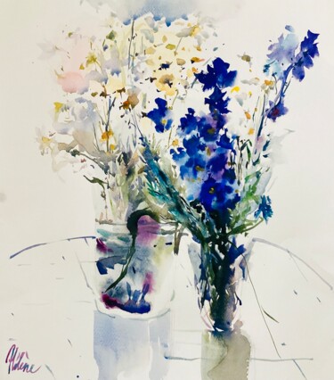 Painting titled "Blue flowers" by Helene Manoli, Original Artwork, Watercolor
